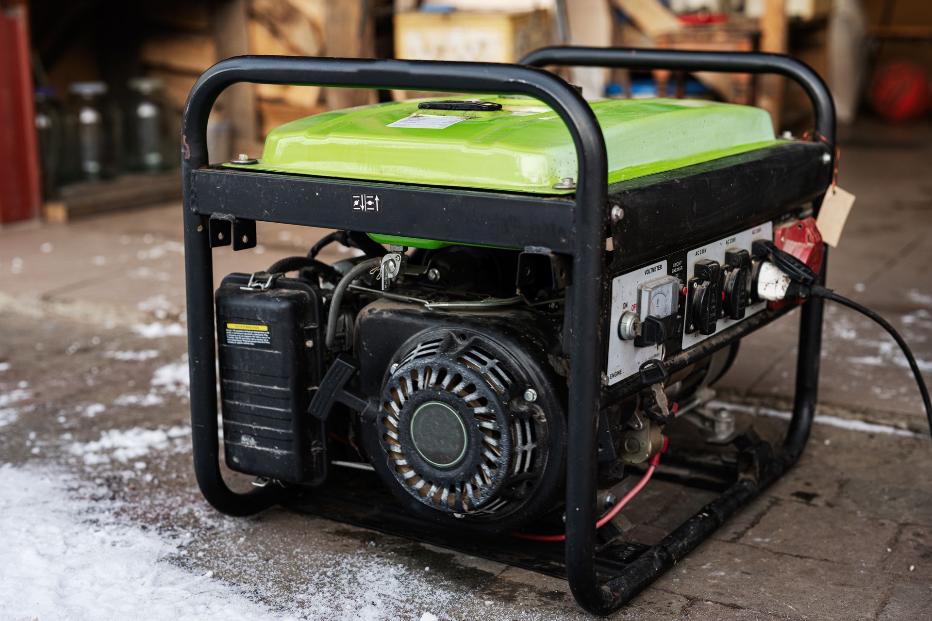 Portable green-and-black generator on a concrete floor, with a black frame and exposed engine components.