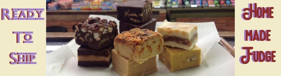 Banner advertising homemade fudge with assorted fudge squares on display and “Ready to Ship” text