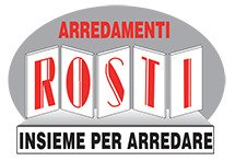 Logo per Arredamenti Rosti: testo rosso su pannelli bianchi con sfondo ovale grigio e slogan “Insieme per arredare”