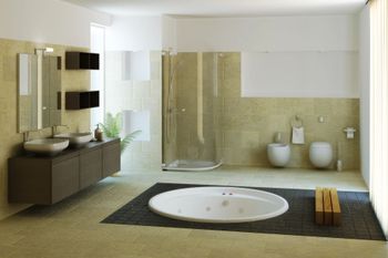 Bagno moderno con doppio lavabo, doccia in vetro, vasca freestanding e dettagli in piastrelle a mosaico.
