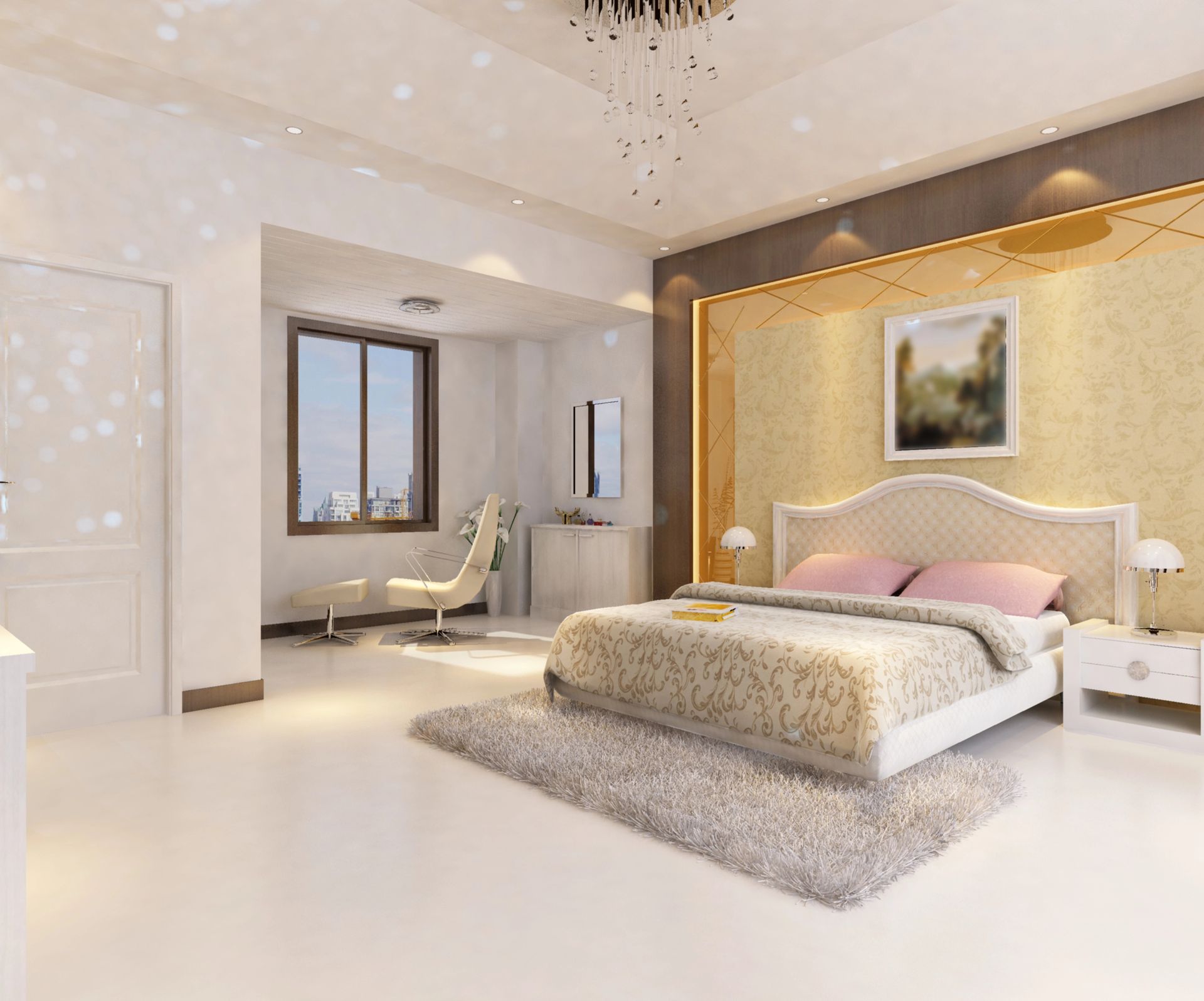 Luminosa camera da letto moderna con letto bianco, parete con dettagli dorati, lampadario e ampia finestra.