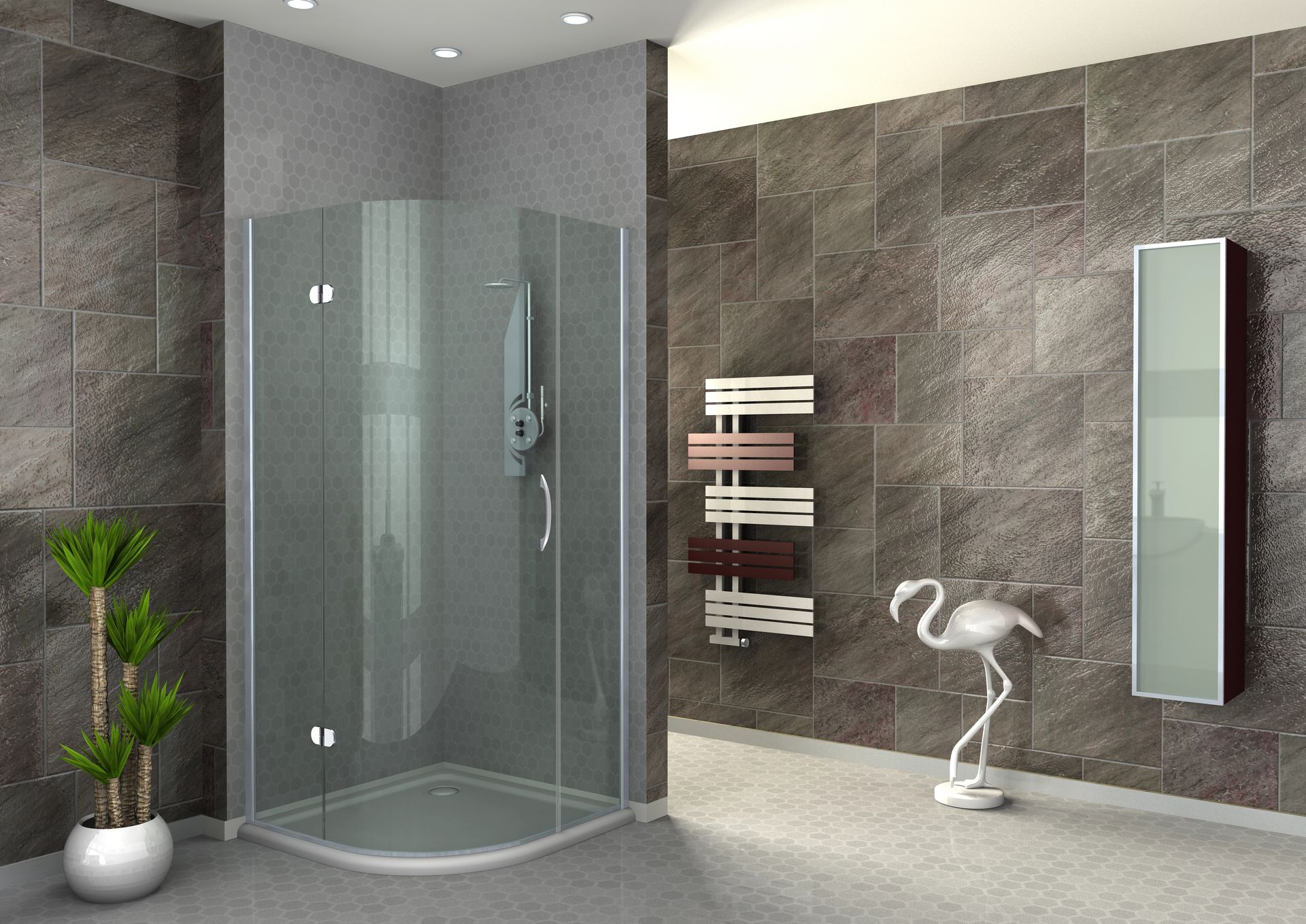 Bagno moderno con piastrelle grigie, doccia in vetro, termosifone a parete, portasciugamani e decorazioni a forma di fenicottero bianco.