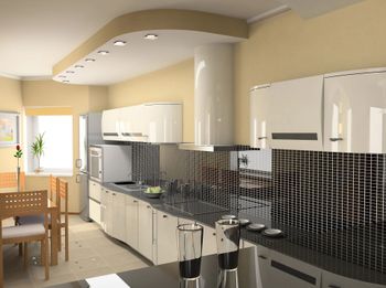 Cucina moderna con mobili color crema, paraschizzi in piastrelle nere, tavolo da pranzo e sgabelli da bar.