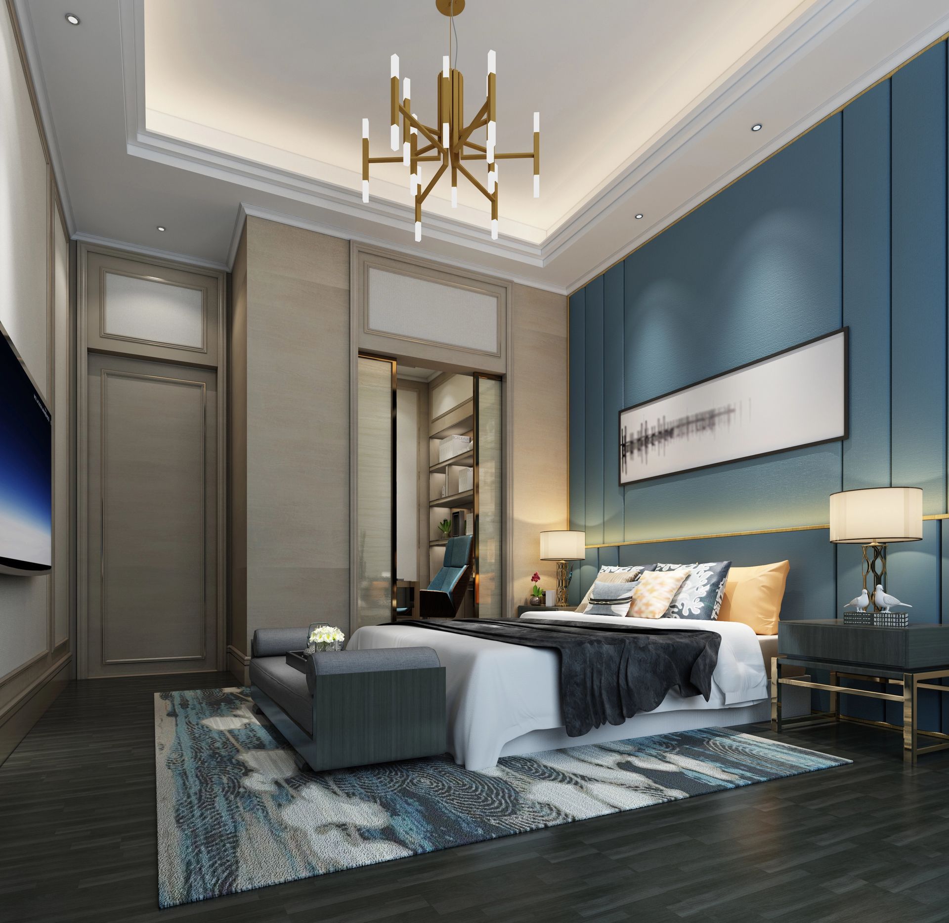 Camera da letto moderna con parete d'accento blu, lampadario dorato e arredi grigio-blu.