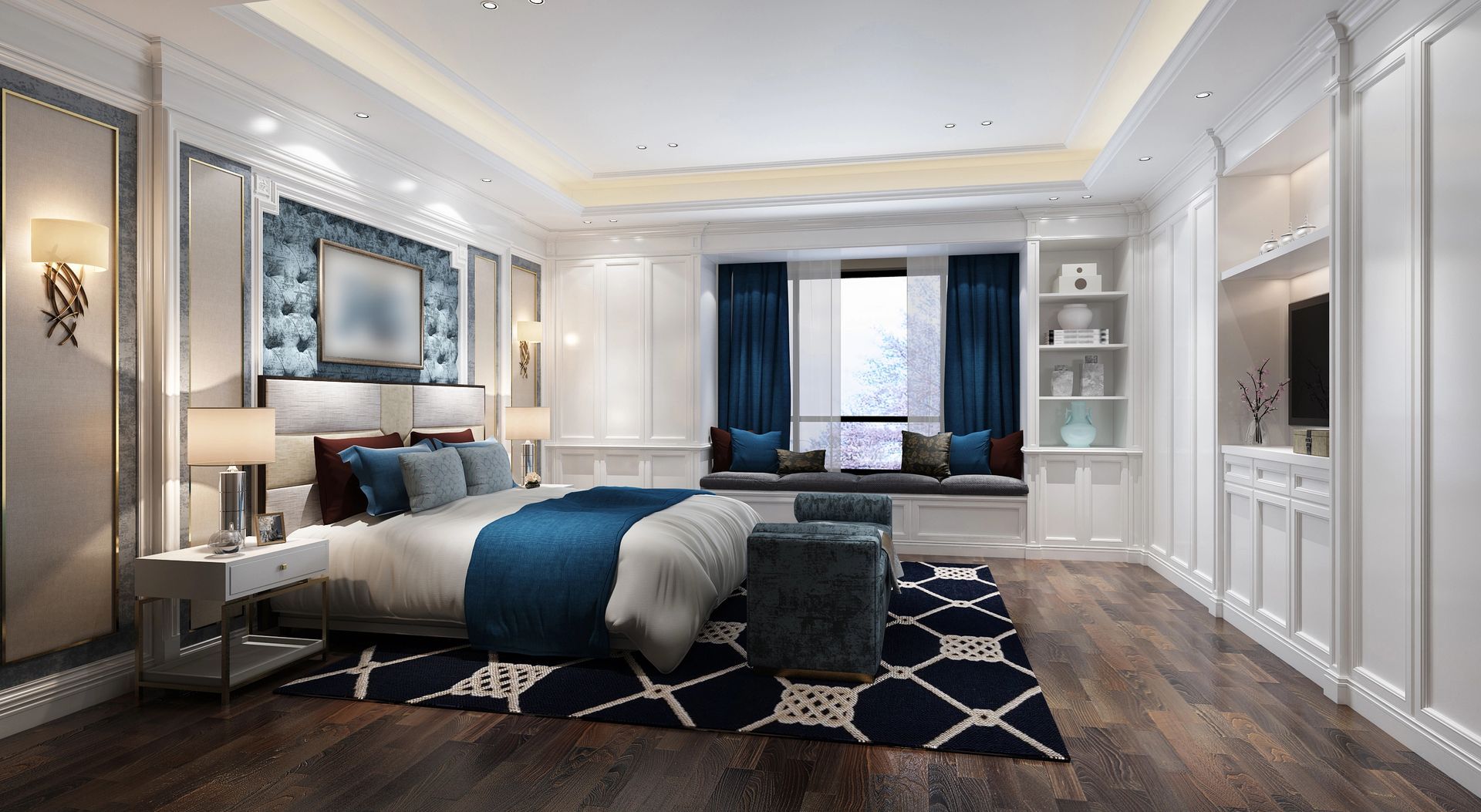 Elegante camera da letto con letto dai dettagli blu, tappeto scuro, pavimento in legno e un'ampia finestra con tende.