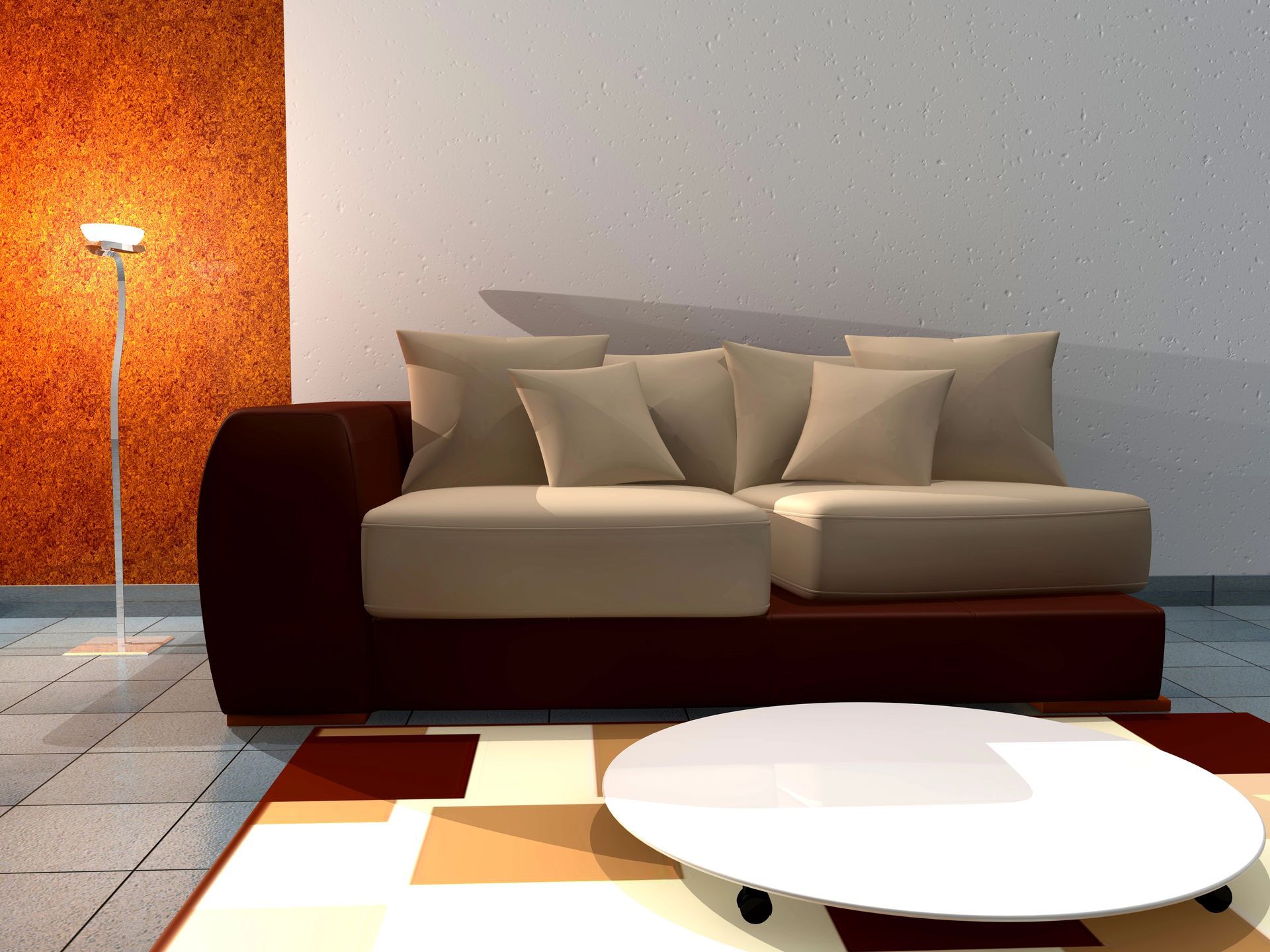 Soggiorno moderno con divano beige, lampada da terra e tavolino bianco su pavimento piastrellato.