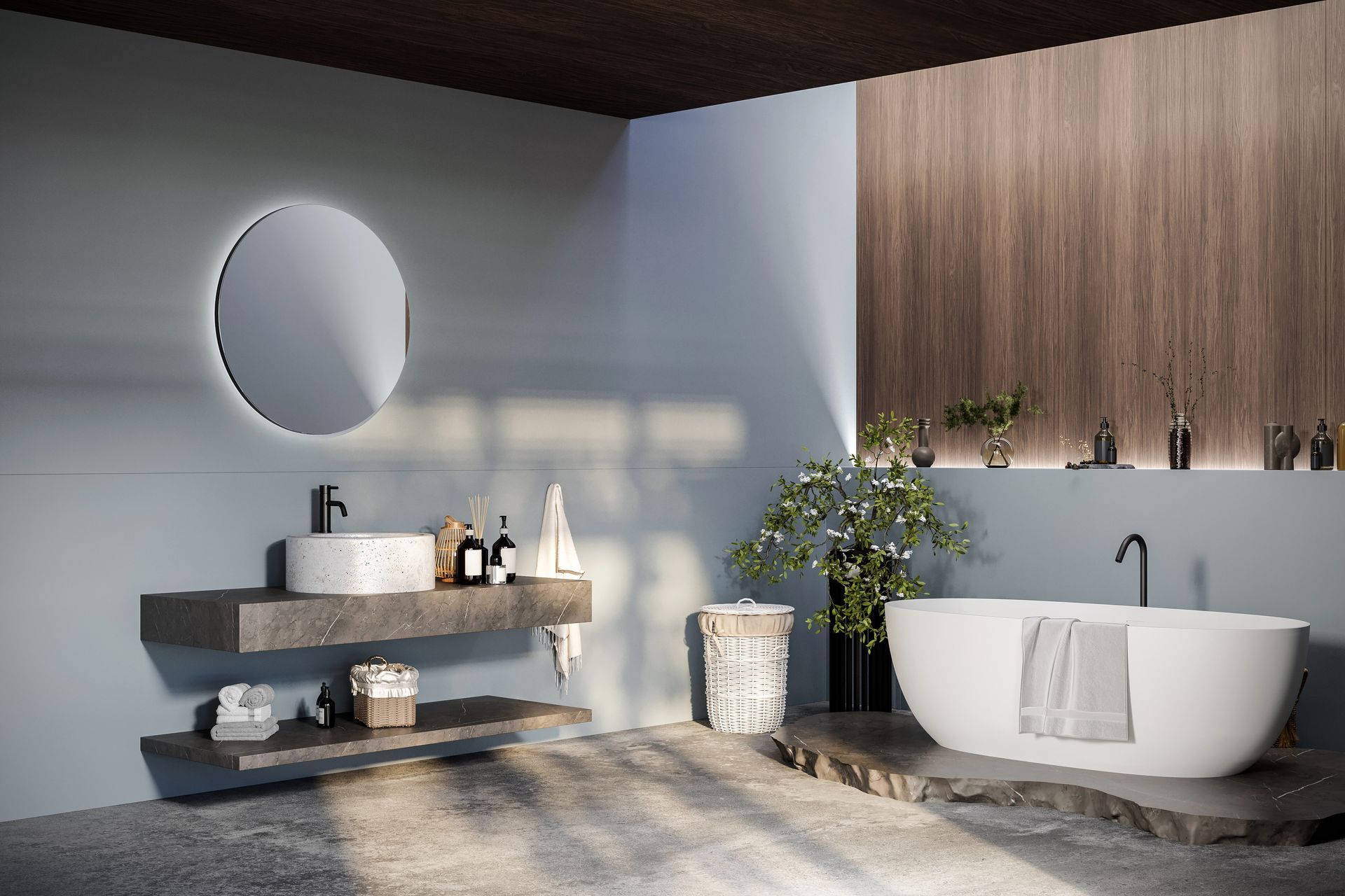 Bagno moderno con vasca freestanding, specchio rotondo, dettagli in legno e luce naturale soffusa.