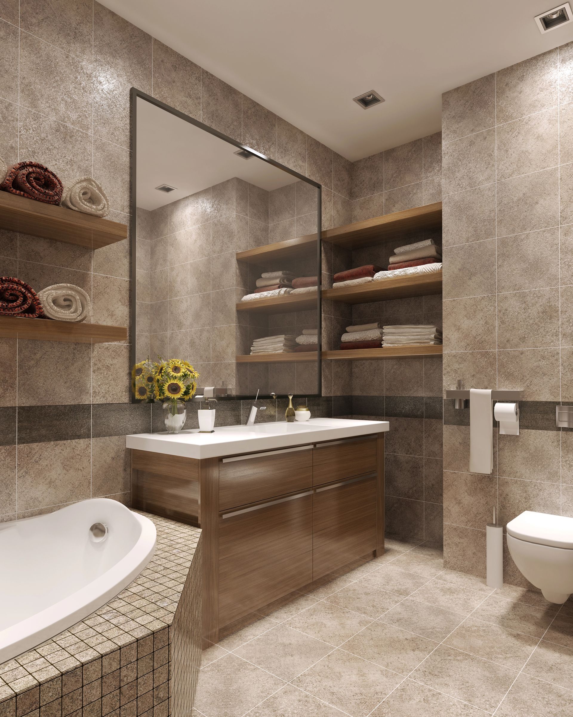 Bagno moderno con doppio lavabo, ampio specchio, mensole a muro e angolo vasca.