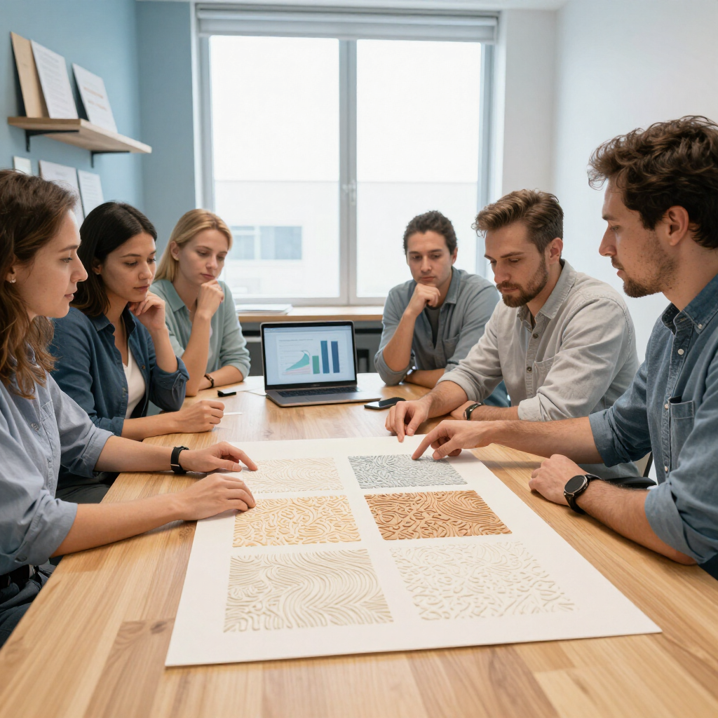 boardroom meeting discussing a tactile print sample