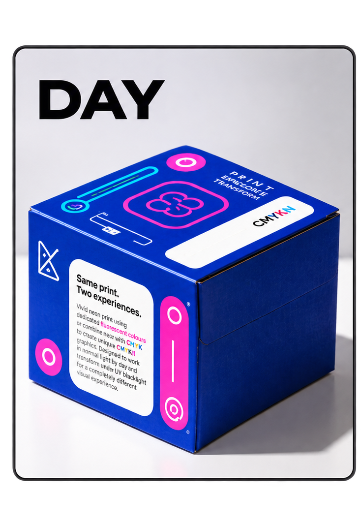 Blue product cube with pink neon-style graphics and the word “DAY” on a white background.