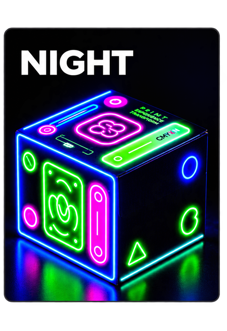 Neon-glowing cube with colorful symbols and the word “NIGHT” on a black background