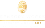 Gold fingerprint logo with faint “SENSORY WORKS” text and “ART” on a white background