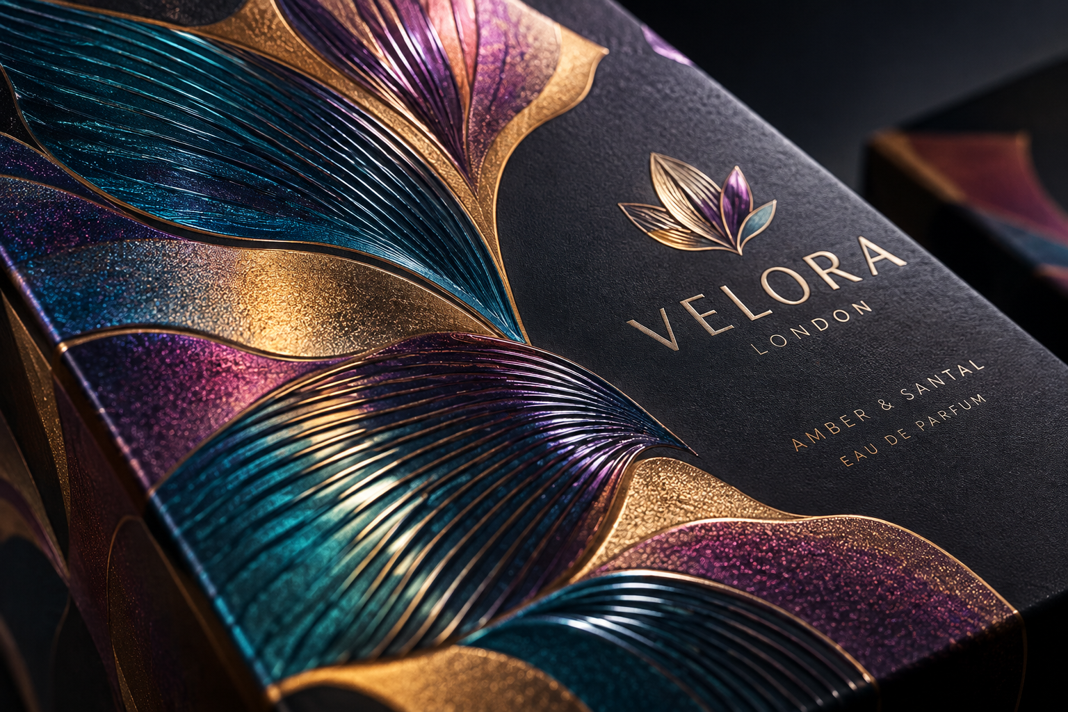 Hand feeling a raised foil detail on luxury packaging