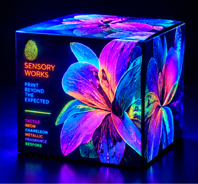 Neon-lit toy cube with smiling faces and symbols on a black background, labeled “NIGHT”