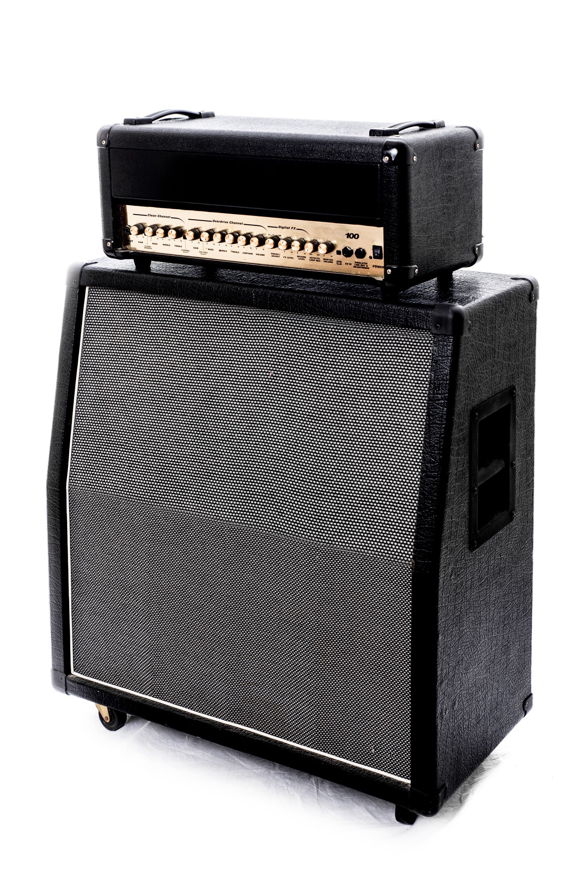 A black and white guitar amplifier with a speaker on top of it on a white background.