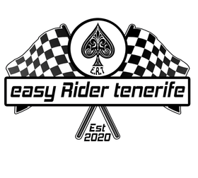 A black and white logo for easy rider tenerife with checkered flags and a spade.