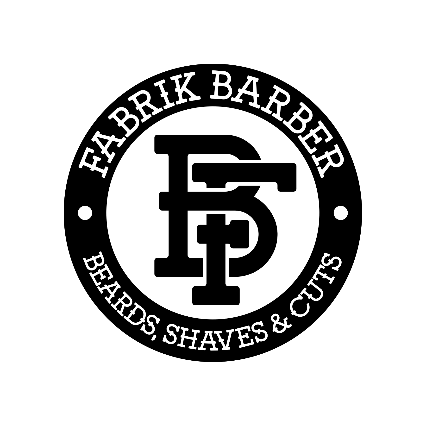 A black and white logo for a barber shop called fabrik barber.