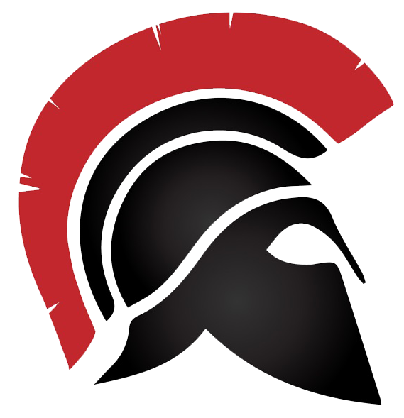 A black and red spartan helmet with a red crest on a white background.