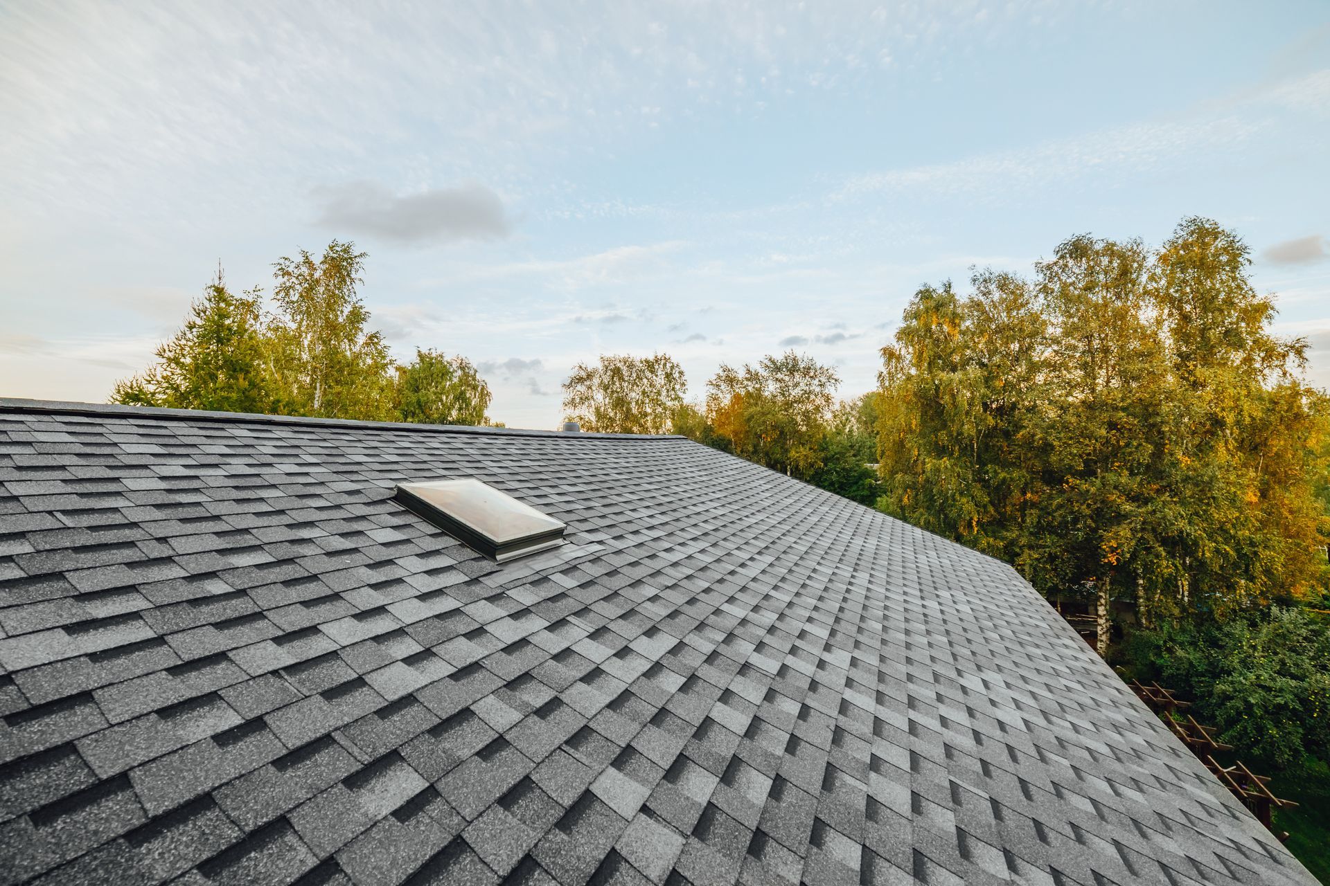 Gray shingle roof with a skylight against a blue sky, trees in the background.