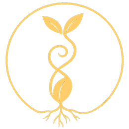 Yellow sprout icon inside a circle, with leaves, seed, and roots.