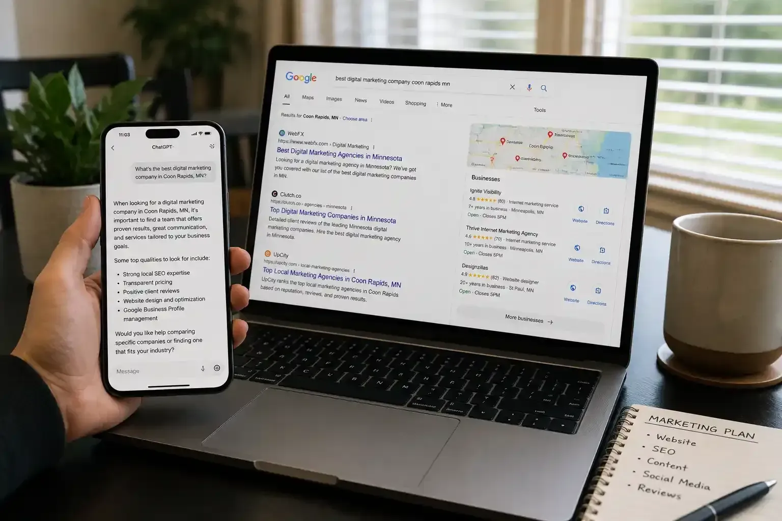 Hand holding a smartphone beside a laptop showing search results on a desk with a coffee mug and notebook