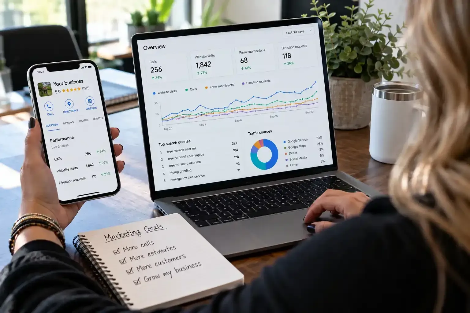 Person viewing analytics dashboard on laptop and phone beside a notebook in a bright office