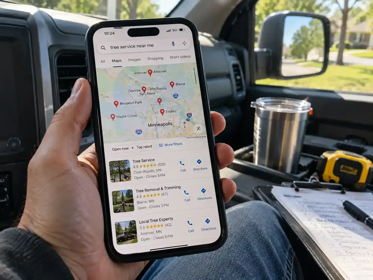 Hand holding a smartphone with a map app open inside a car; cup and notebook on passenger seat.