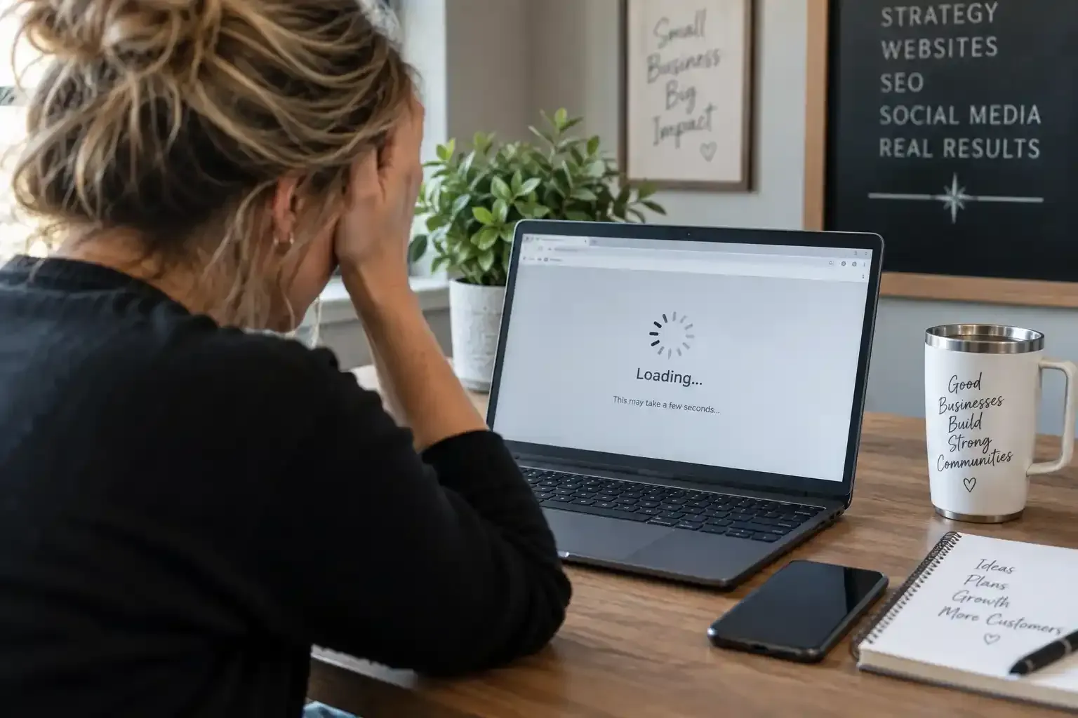 Woman working at laptop in a home office with notebook, phone, and coffee mug on desk