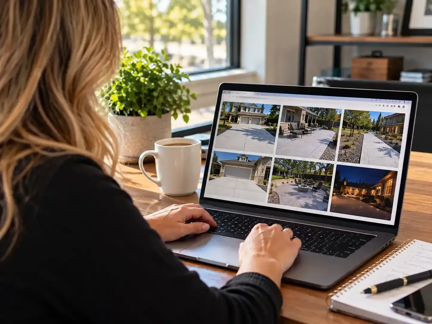 Person typing on a laptop looking at stock photos in a bright home office
