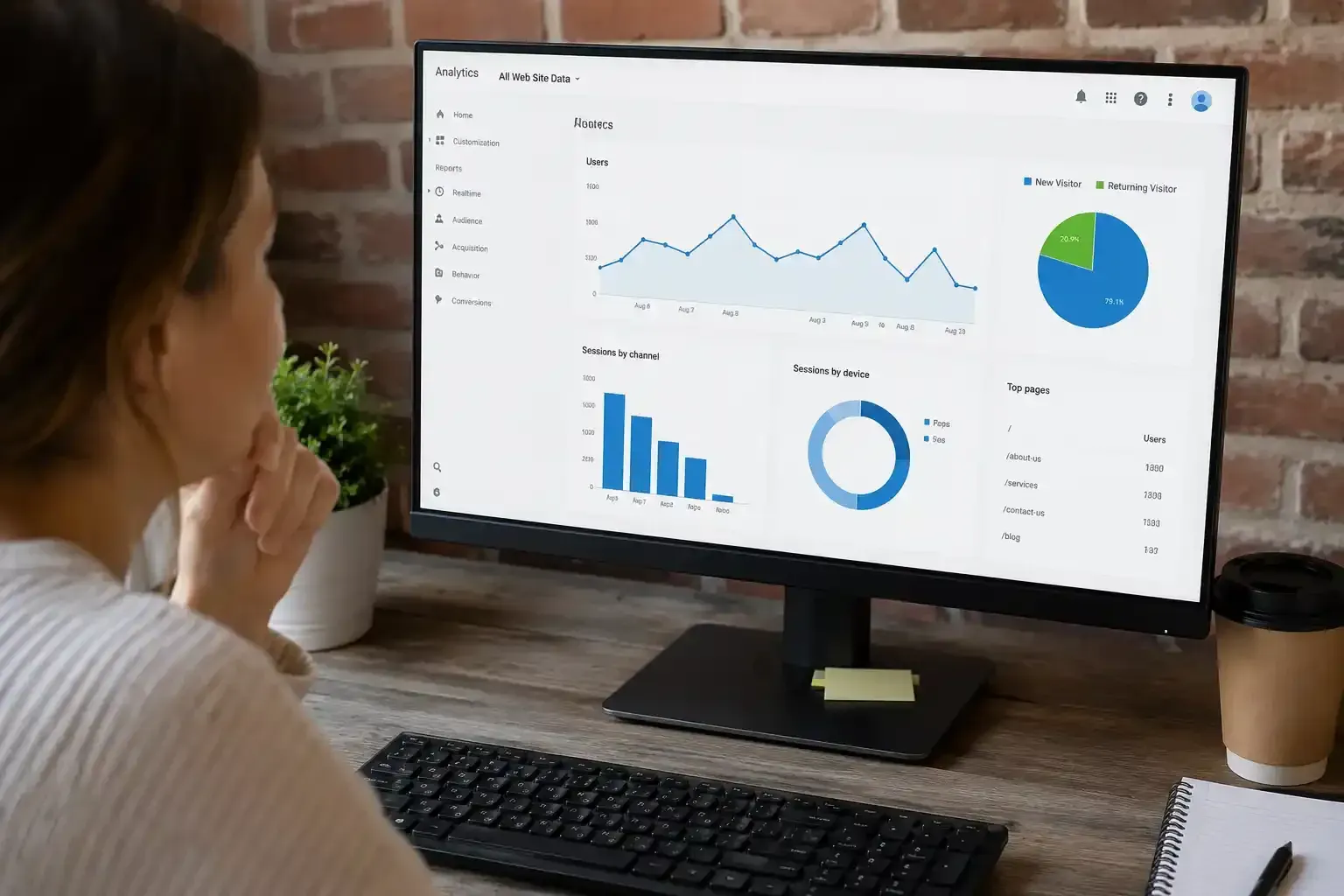 Person viewing website analytics dashboard on a monitor with charts and graph