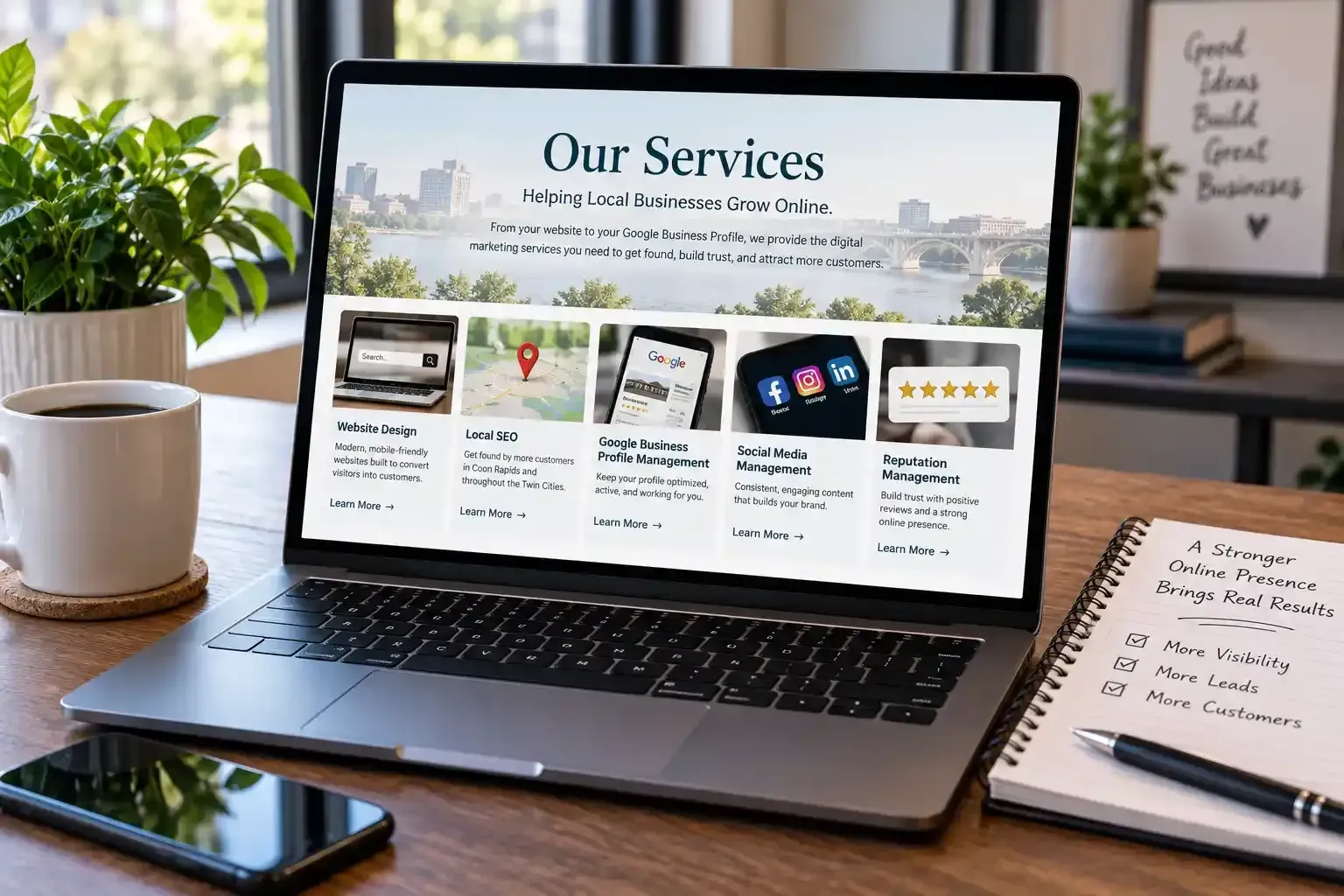Laptop displaying “Our Services” webpage on a desk with coffee, phone, plant, and notebook