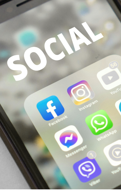 A cell phone with the word SOCIAL at the top showing different social media apps such as Facebook, Instagram, Youtube, Messenger, WhatsApp, Telegram, Viber and  Youtube Music