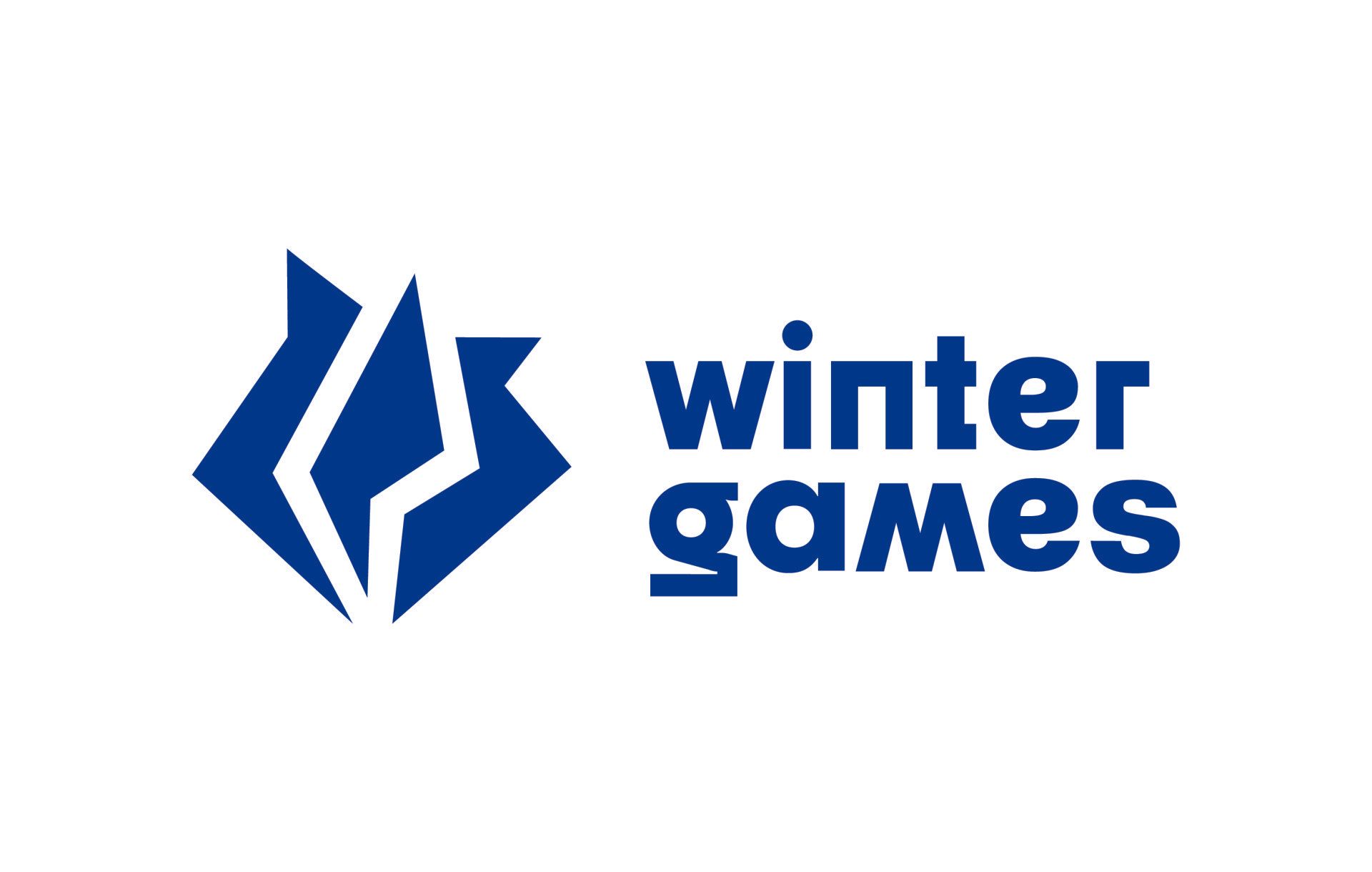 Blauw logo voor de Winterspelen, met een abstract geometrisch ontwerp en tekst.