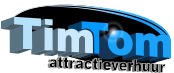 TimTom-logo met 3D-tekst in blauw en zwart, met 