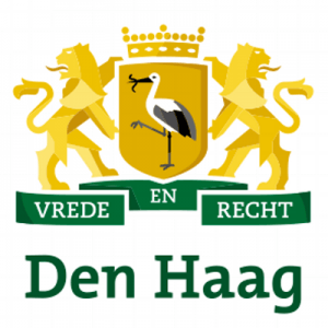 Coat of arms of Den Haag with stork, lions, crown, and text 