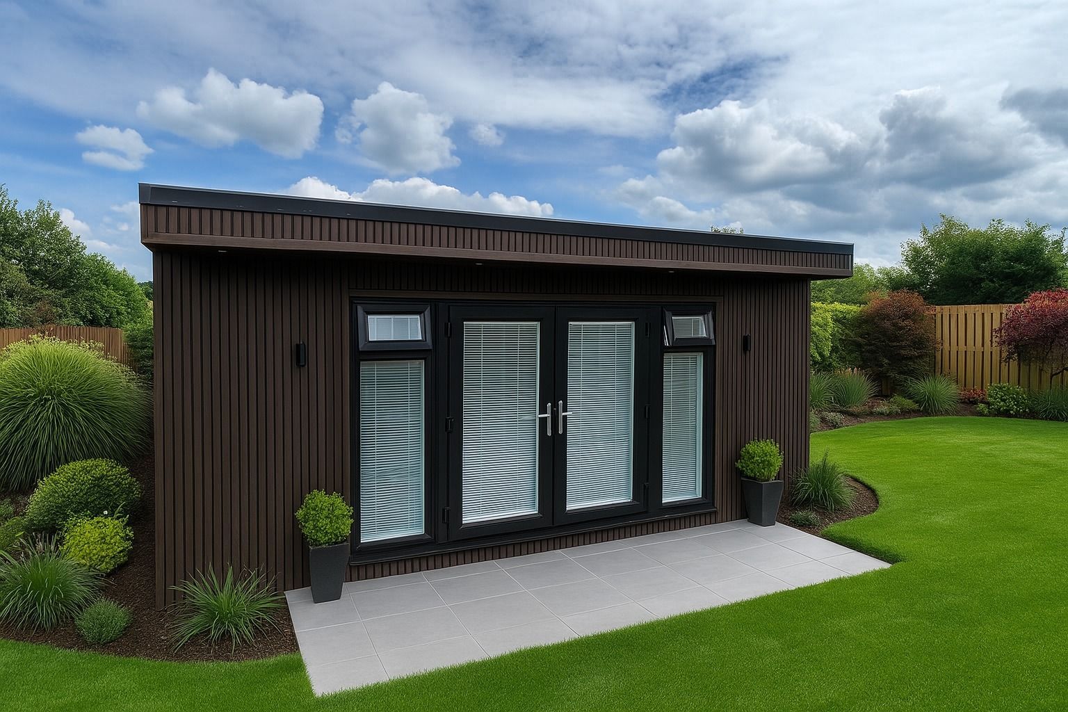 Contemporary garden room beauty salon 5m x 3.5m garden salon room with walnut composite cladding, black-framed double-glazed windows, and a levelled concrete base on a sloped garden site