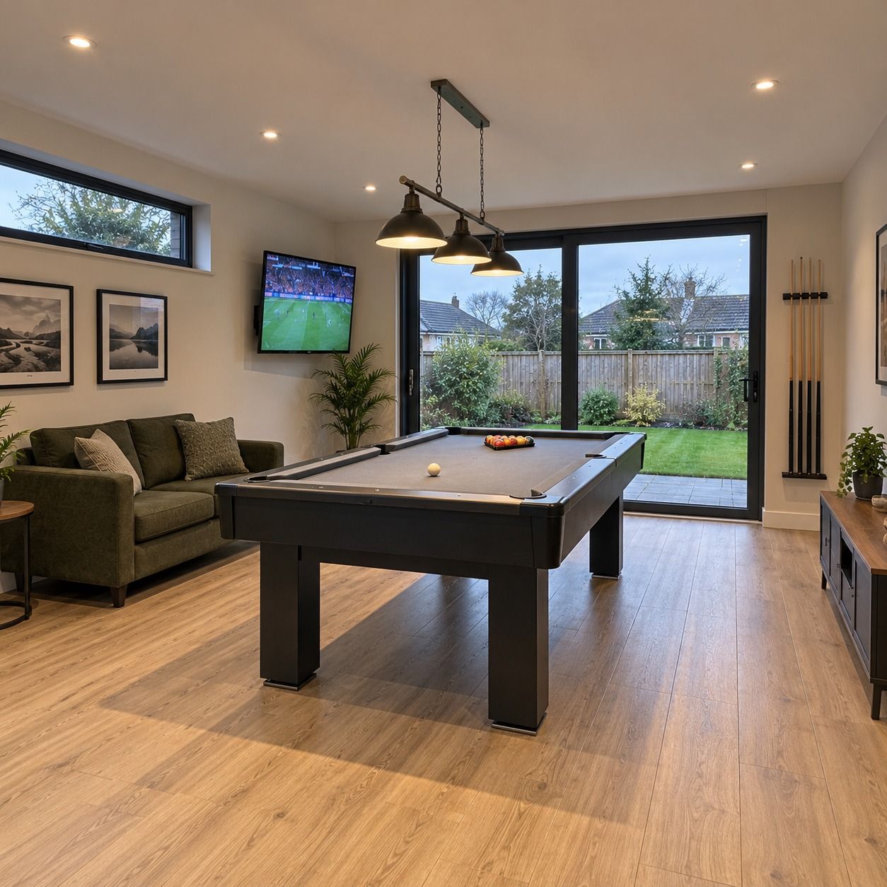Insulated Oakspan garden games room with a pool table in Scotland