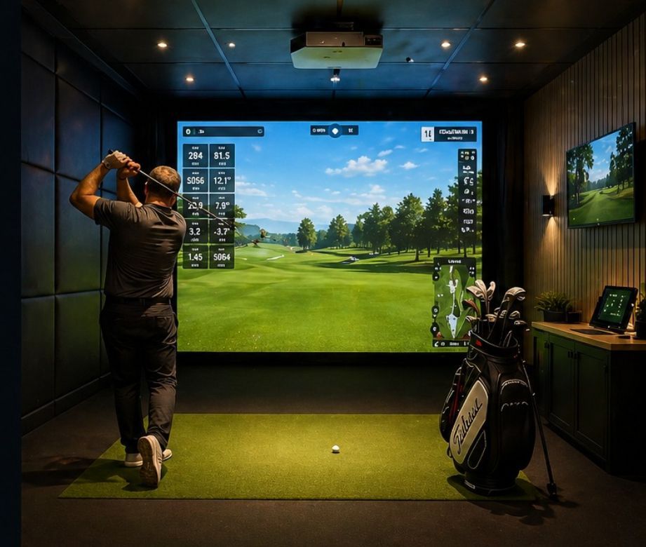 Luxury golf simulator garden room in Scotland built by Oakspan with simulator screen, premium cladding, lighting and year-round practice space