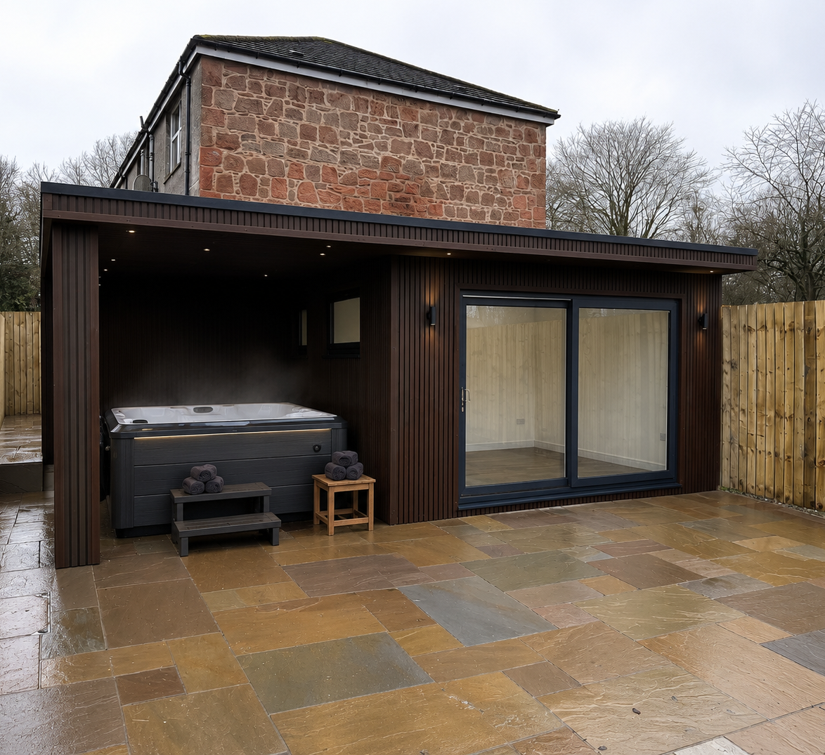 Lifestyle visualisation of a hot tub beneath the covered canopy of an Oakspan garden room in Chryston