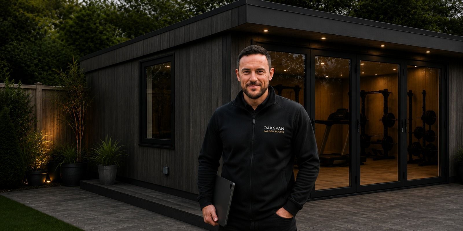 Kevin founder of Oakspan Garden Rooms with a completed Oakspan garden room project