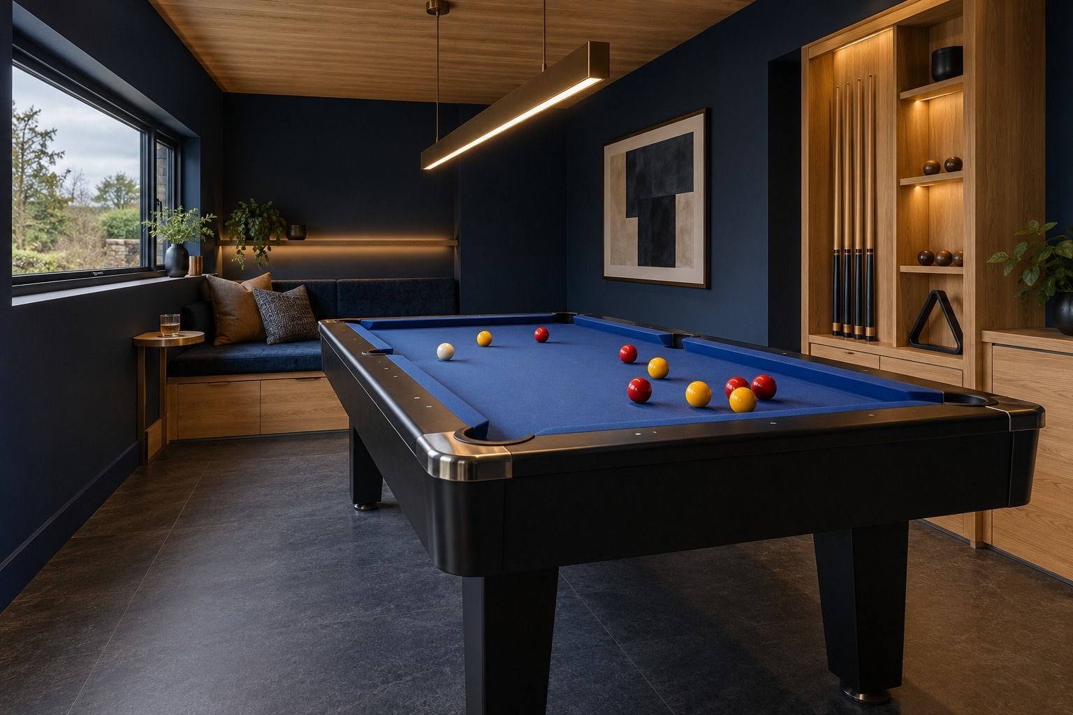 Contemporary Scottish garden pool room with a blue pool table and built-in cue storage