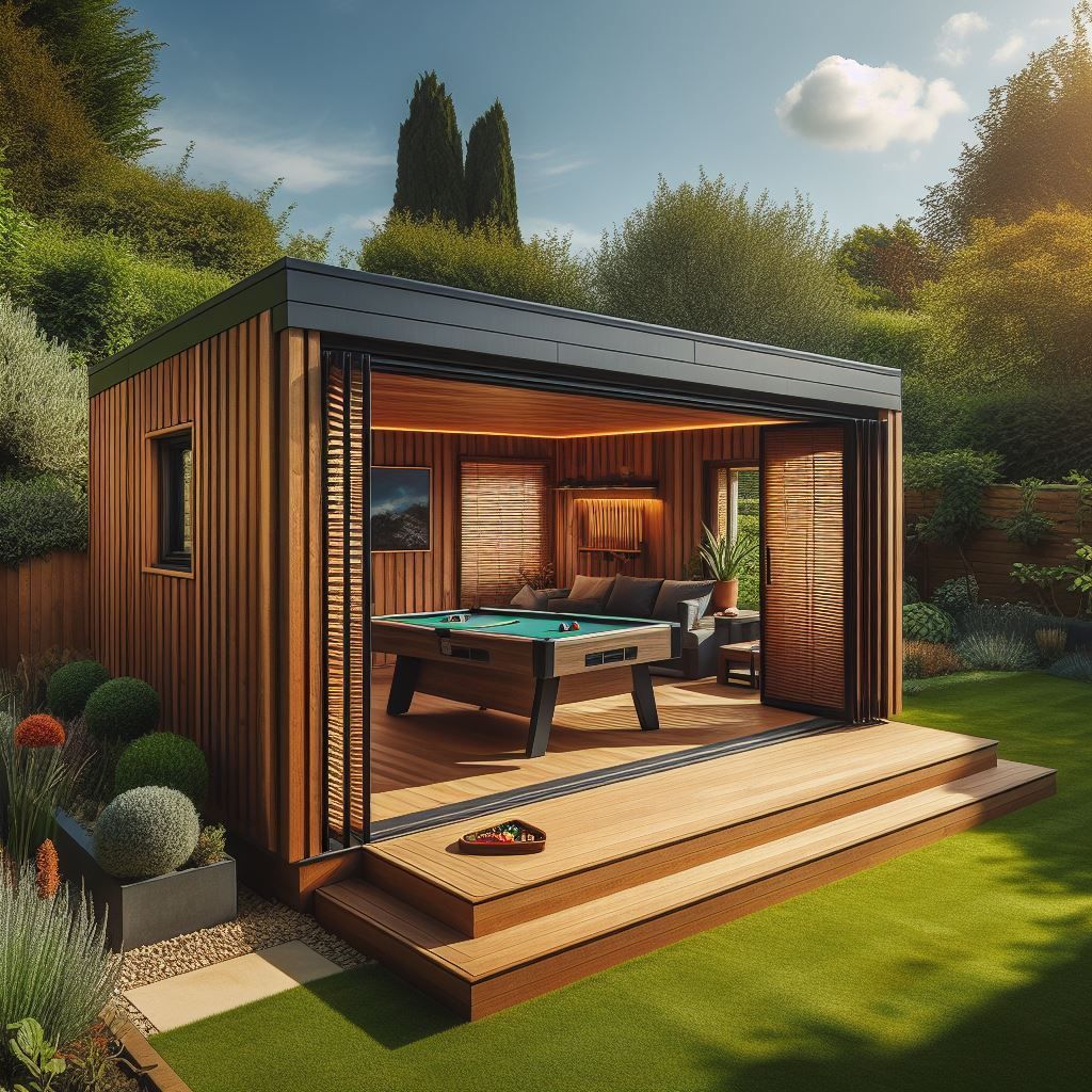 a pool table is in the outdoor garden games room