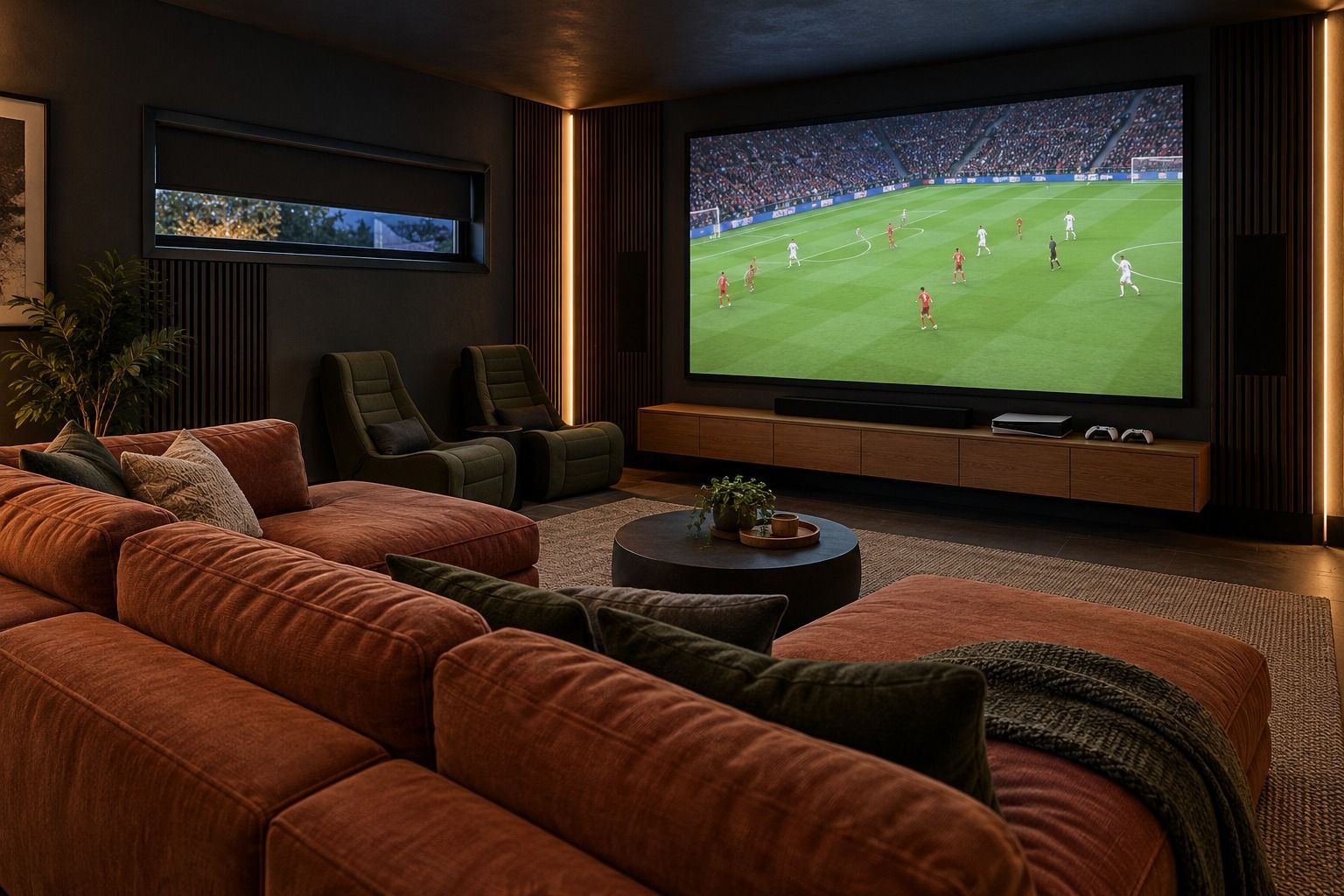 Oakspan garden gaming and cinema room with a large sports screen and console setup