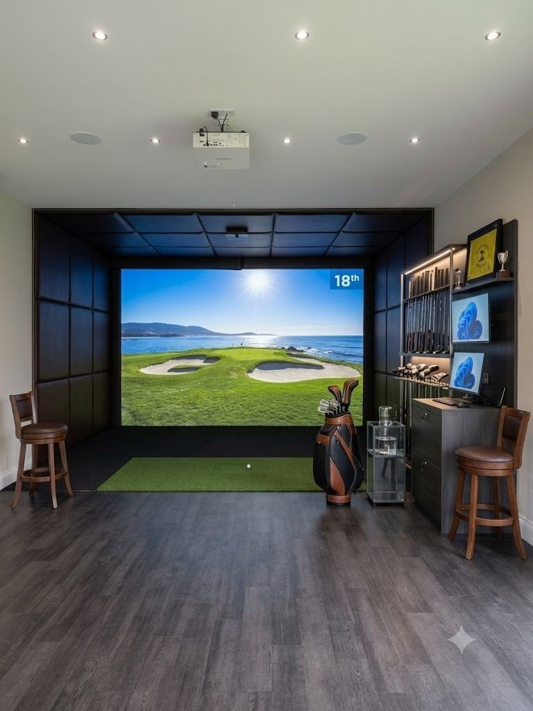 ProTee golf simulator installed inside the Oakspan golf and cinema garden room in Kilmarnock