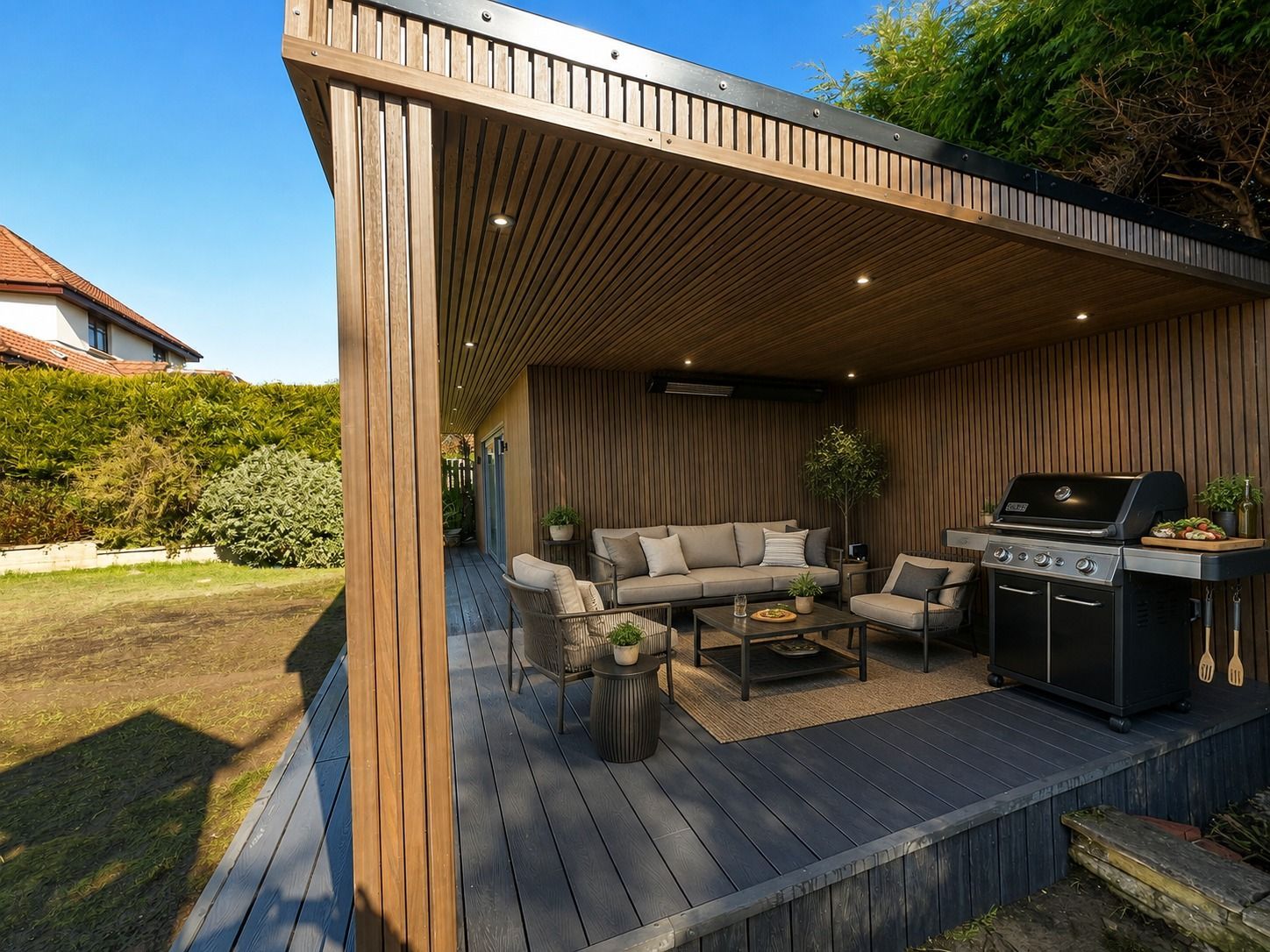 Lifestyle visualisation of the covered BBQ seating area beneath an Oakspan garden room canopy in Newton Mearns