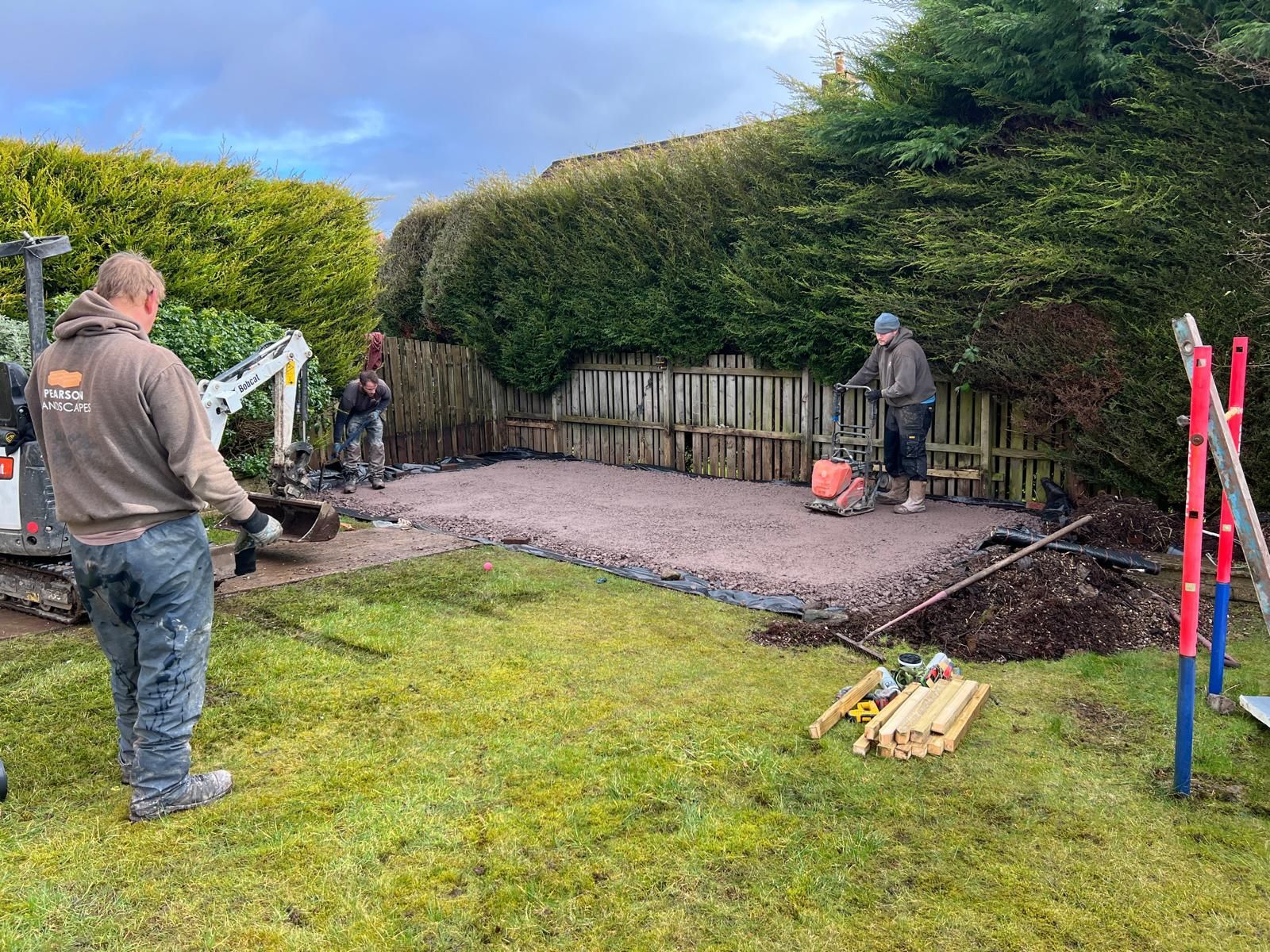 Groundworks and base preparation for an Oakspan garden room in Newton Mearns