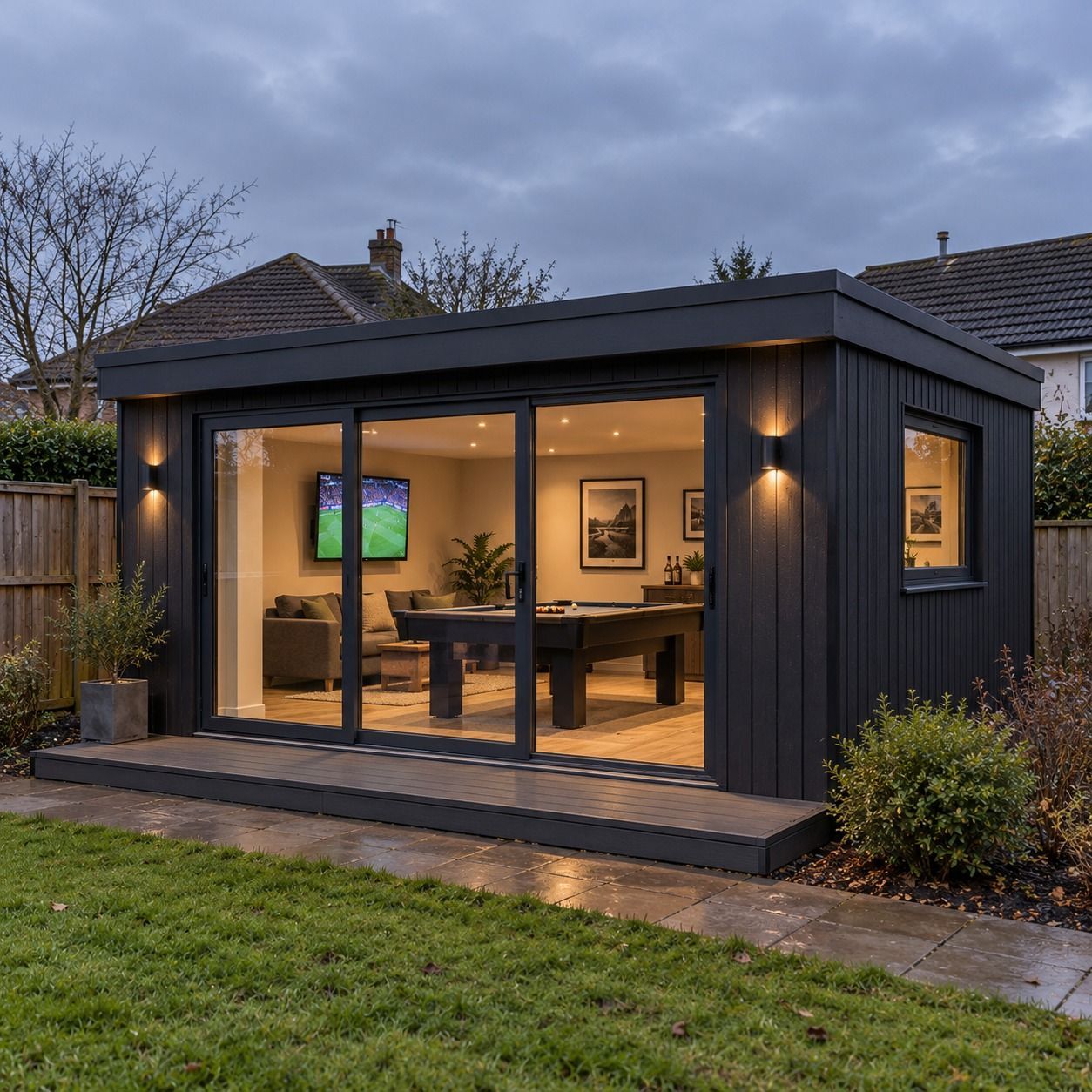 Bespoke Oakspan garden games room with pool table in a landscaped Scottish garden