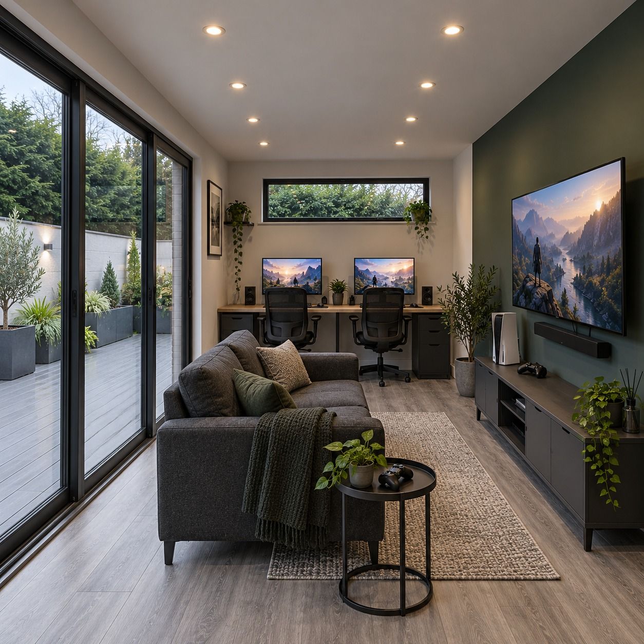 Oakspan garden gaming room with console and PC areas in Scotland