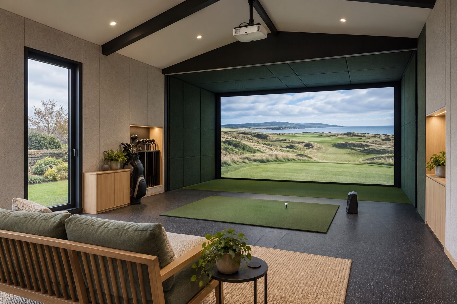Oakspan garden golf simulator room with impact screen and full swing clearance