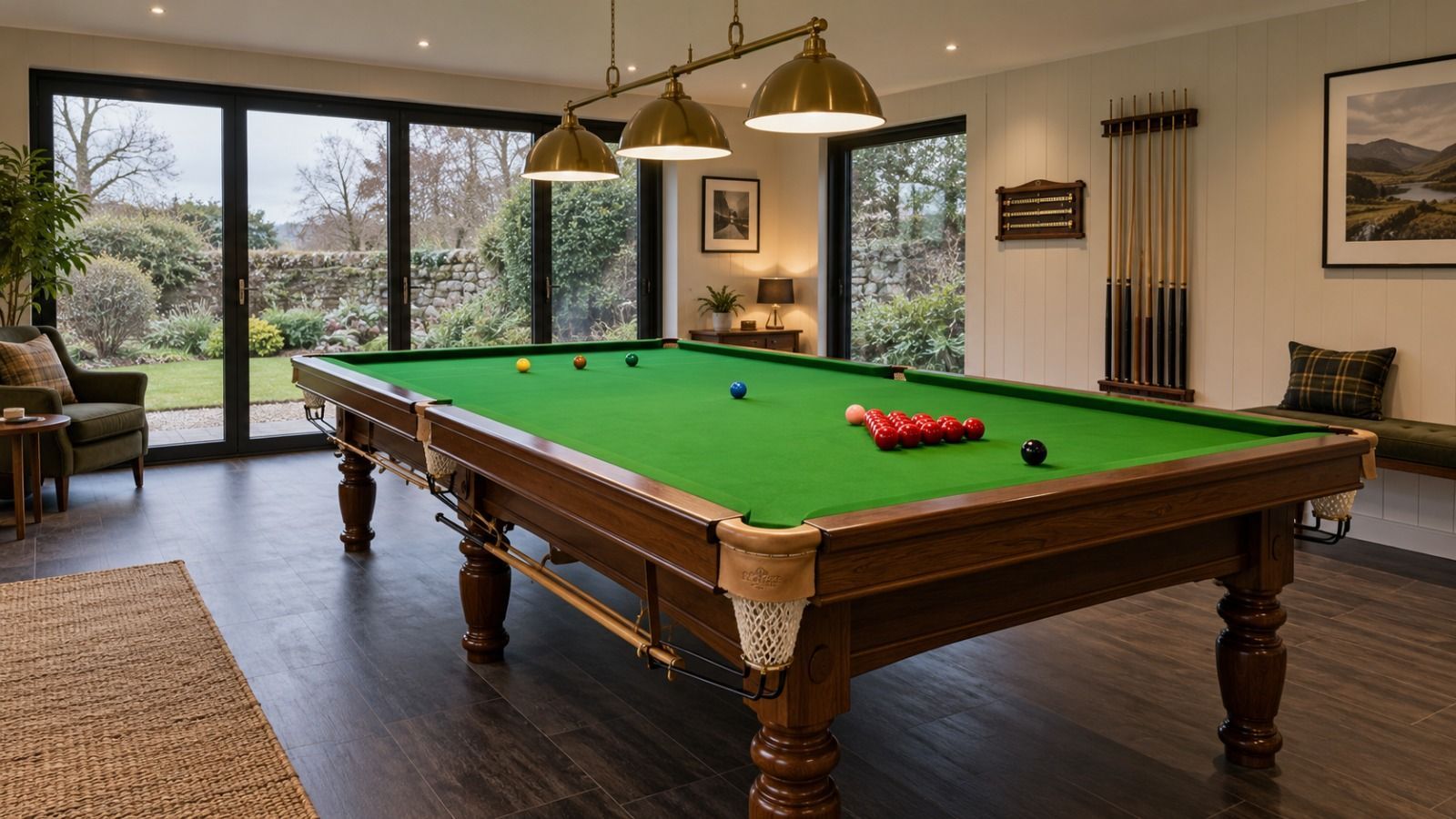 Oakspan garden games room with a full-size snooker table in Scotland